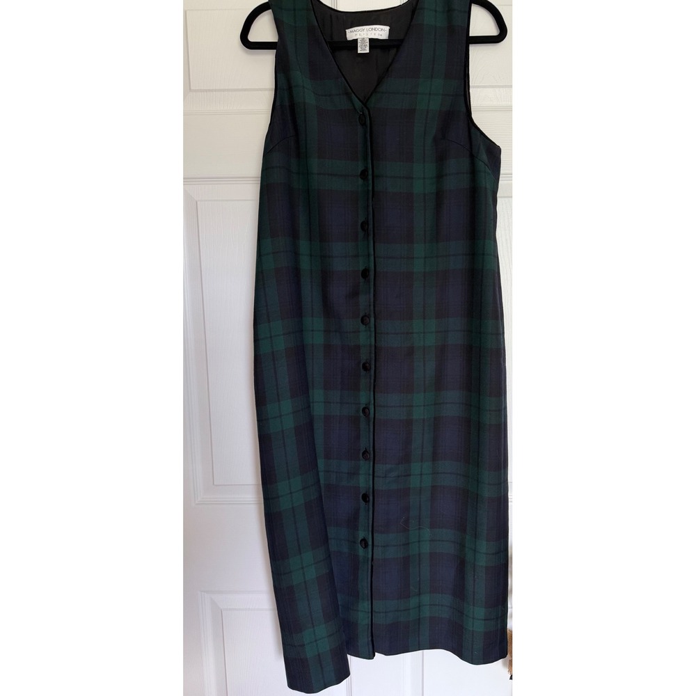 Maggy London Petite Plaid Button Front Midi Dress Green Navy Black Watch 12P